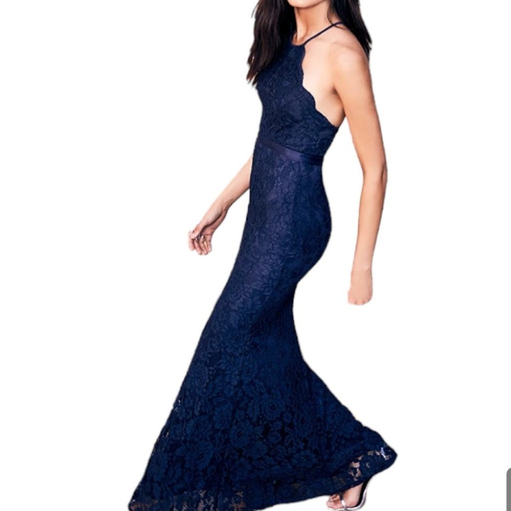 Lulus Halter Neck Lace Maxi Dress in Navy Blue Color